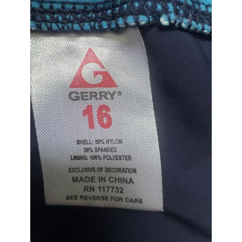Gerry Girls Size 16 One Piece Swimsuit Navy Blue Turquoise Zip Front